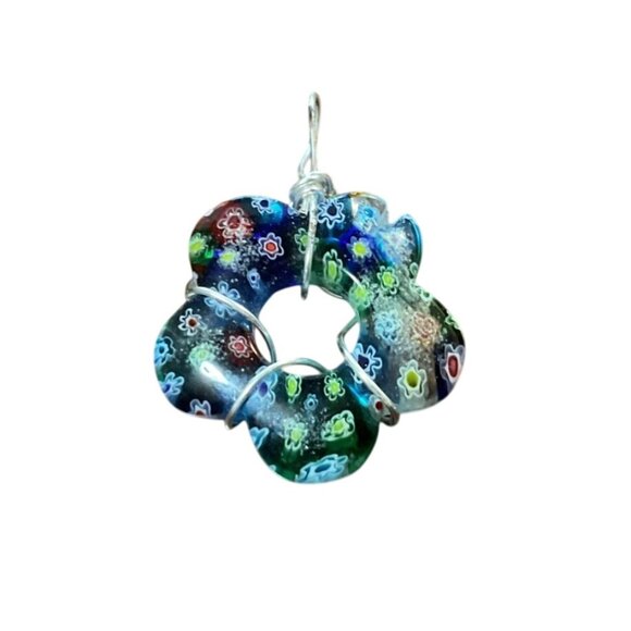 Art Glass Millefiori Flower Pendant With Silver Wire Wrap & Bead Accents Womens - Picture 2 of 3